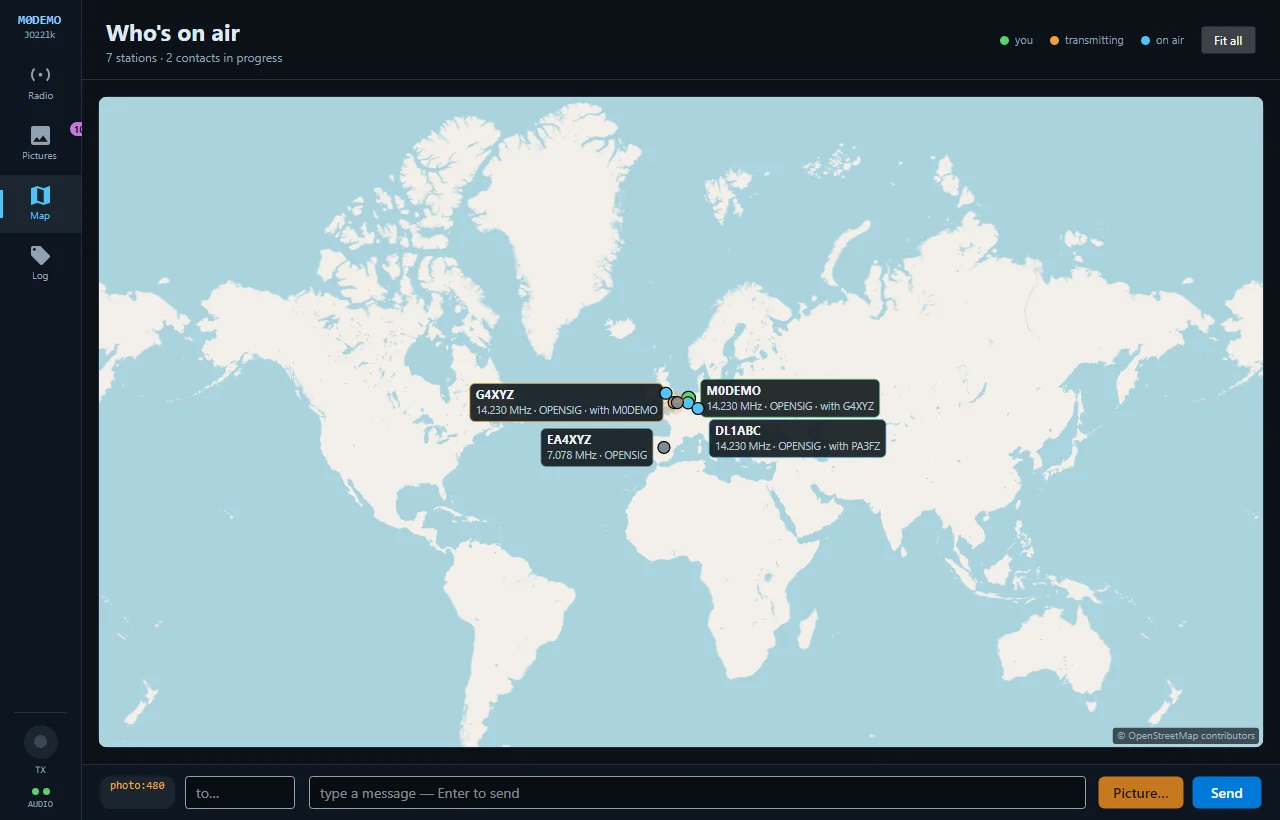 The Open Signal Map section showing station markers on a world map with the legend and station count in the section header