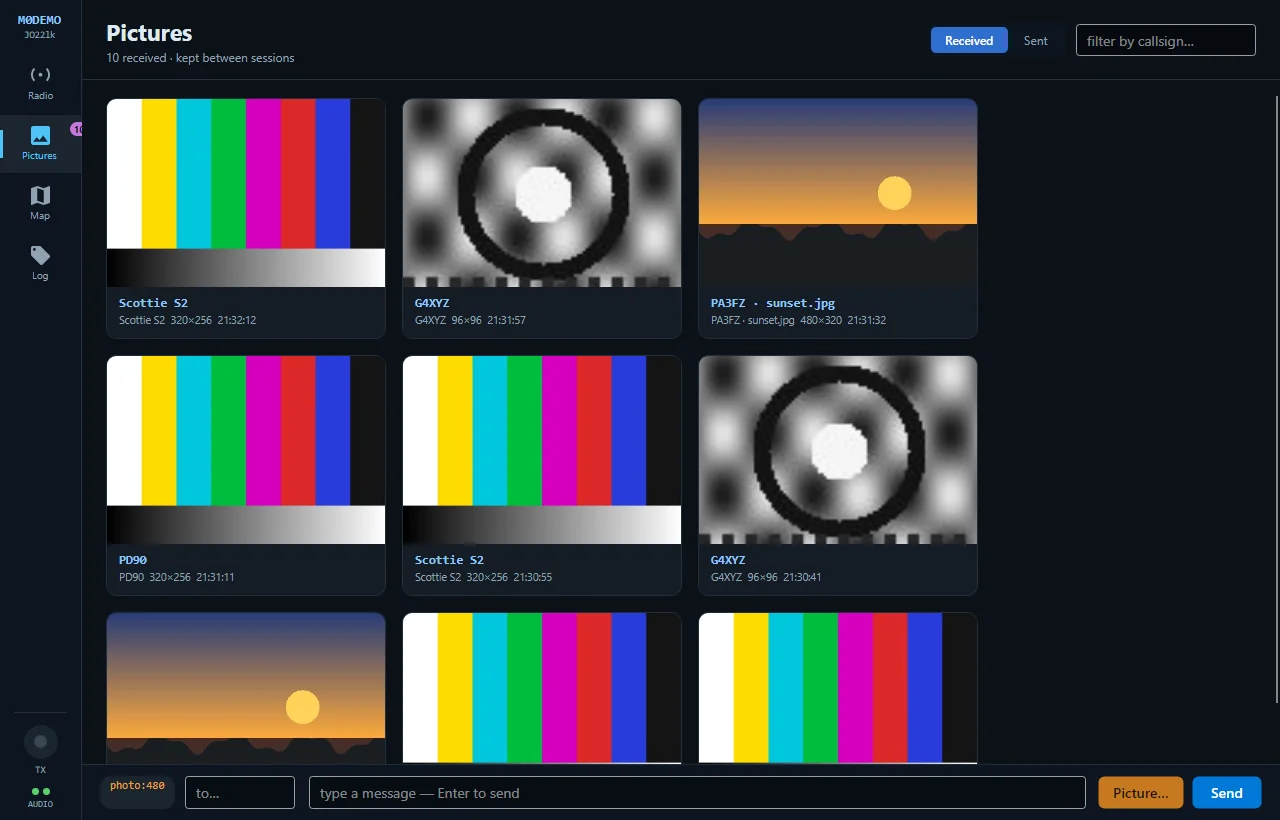 The Open Signal Pictures section: a full-window gallery of received pictures with sender, mode and size on each card, and a callsign filter