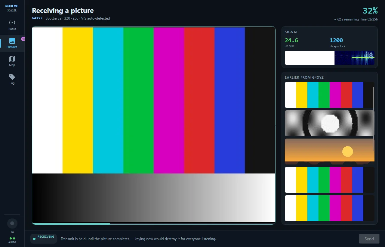 The Open Signal receiving state: an incoming picture taking over the workspace, painting in line by line, with transmit locked out and the reason shown on the transmit bar