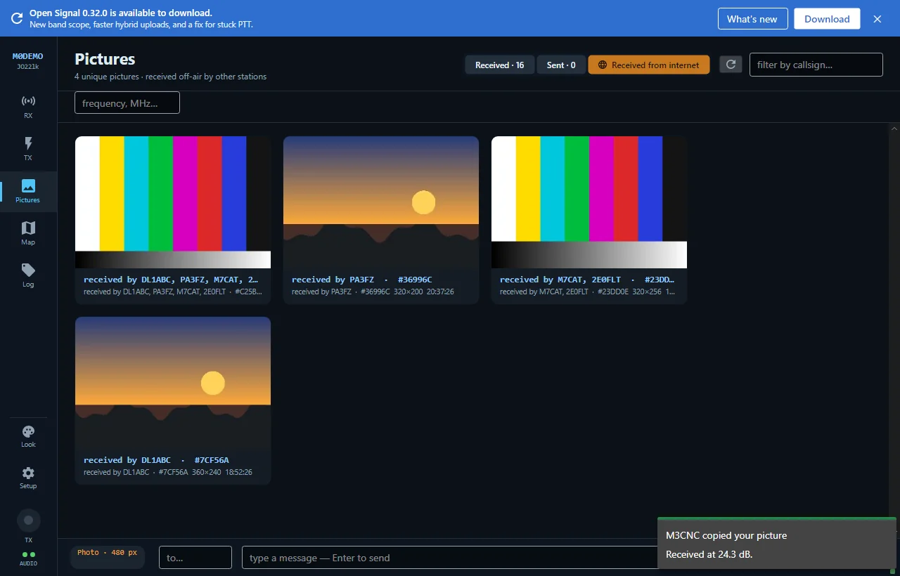 The Received from internet tab, showing pictures published by other stations with the callsigns that received each one.