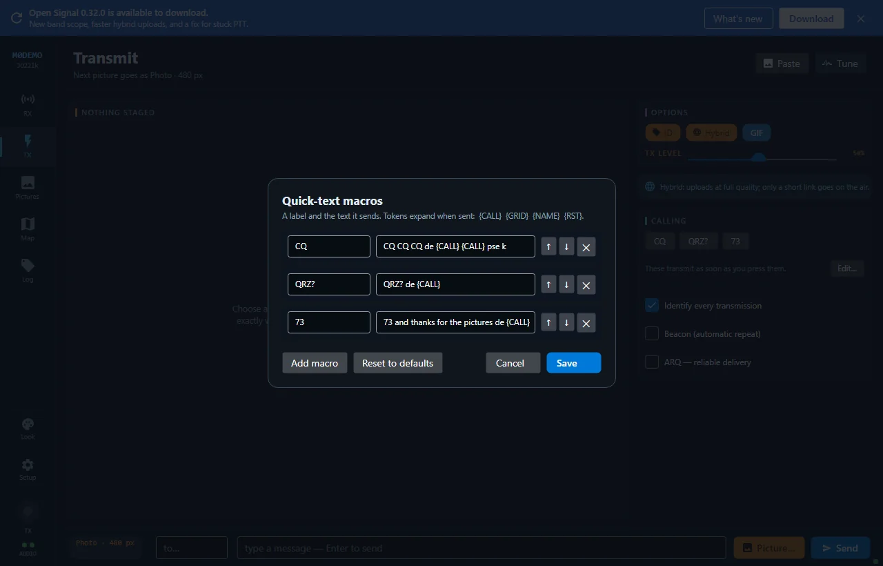 The macro editor, with one row per button showing its label and message template plus reorder and remove controls