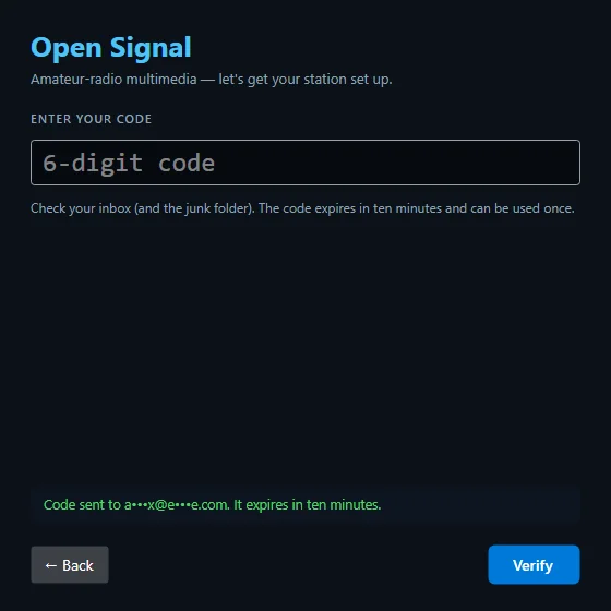 The verification step of the wizard, asking for the six-digit code sent by email.