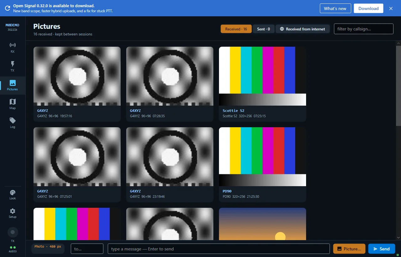 The Open Signal Pictures section: a gallery of received pictures, each card captioned with the sending callsign and time